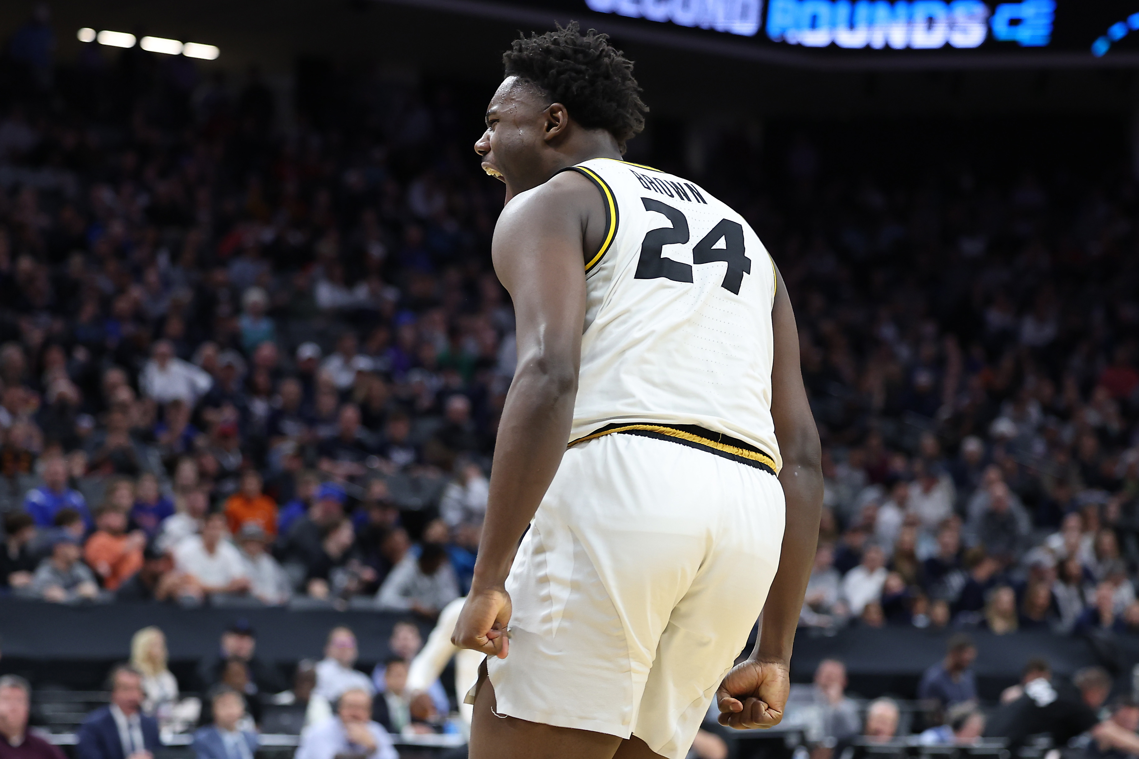 Mar 16, 2023; Sacramento, CA, USA; Missouri Tigers guard Kobe Brown (24) reacts against the Utah State Aggies during the second half at Golden 1 Center.